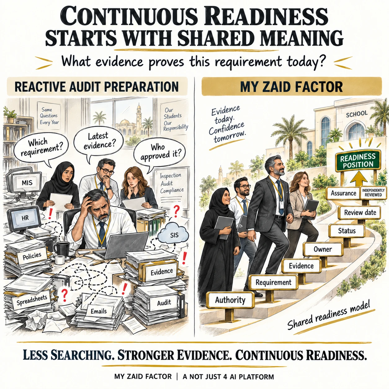 Two panels. Left, reactive audit preparation: a school team surrounded by policies, spreadsheets and emails asking which requirement, which is the latest evidence, and who approved it. Right, My Zaid Factor: the same team walking up steps labelled Authority, Requirement, Evidence, Owner, Status, Review date and Assurance, the Assurance step marked independently reviewed, arriving at a signpost reading Readiness position.